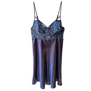 Cacique Babydoll Chemise Lingerie Women 14/16 Navy Blue Lace Satin Intimates